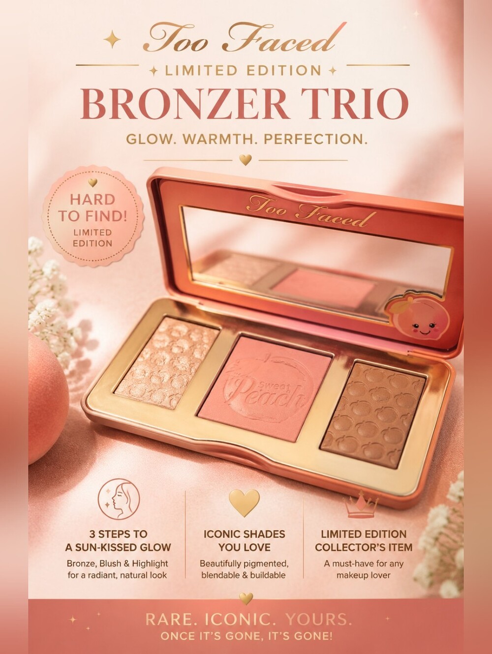 Too Faced Limited Edition Sweet Peach Blush, Highlighter, Bronzer Trio